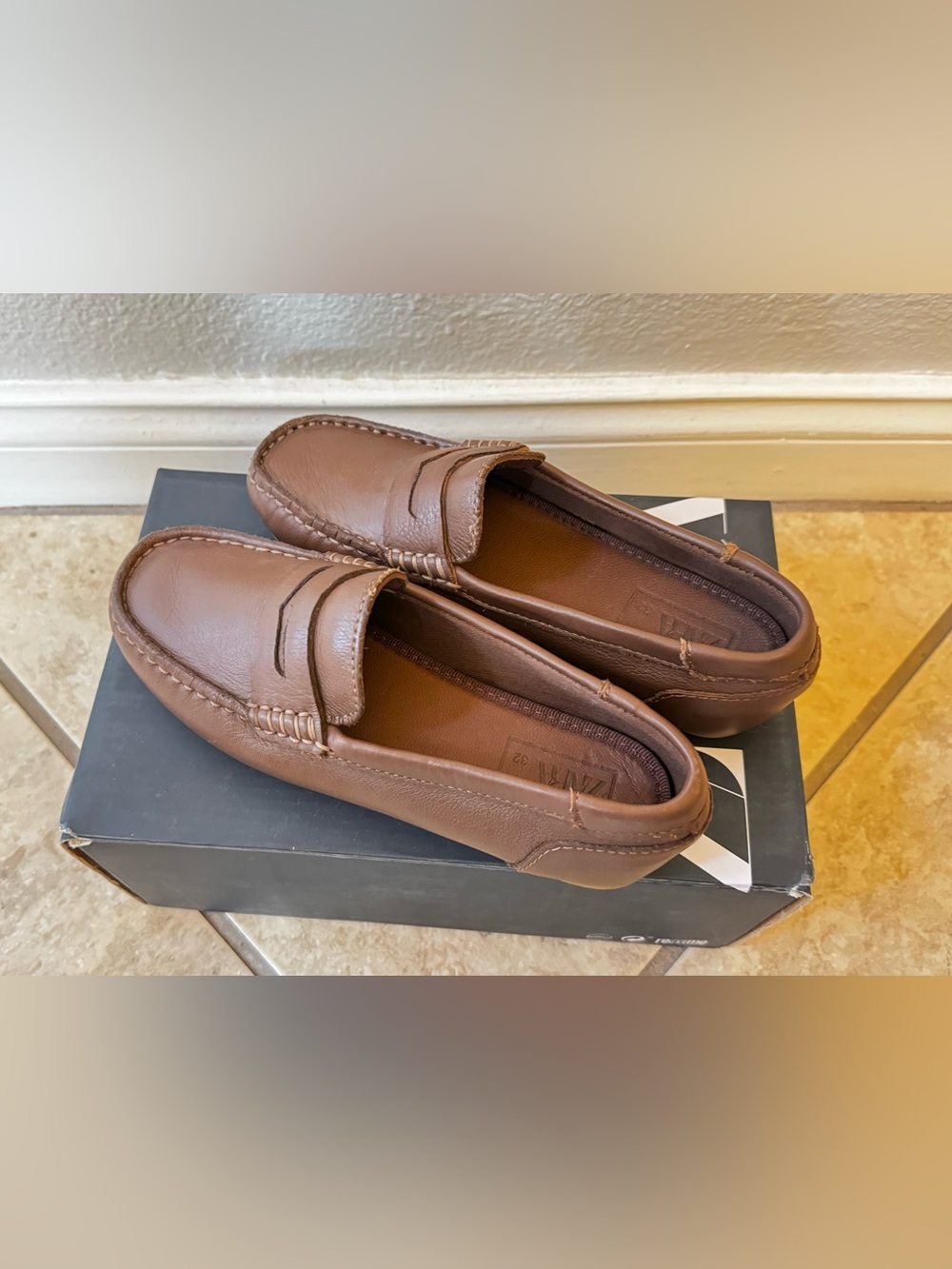 NWT Brown Leather Kid Penny Loafers - Zara